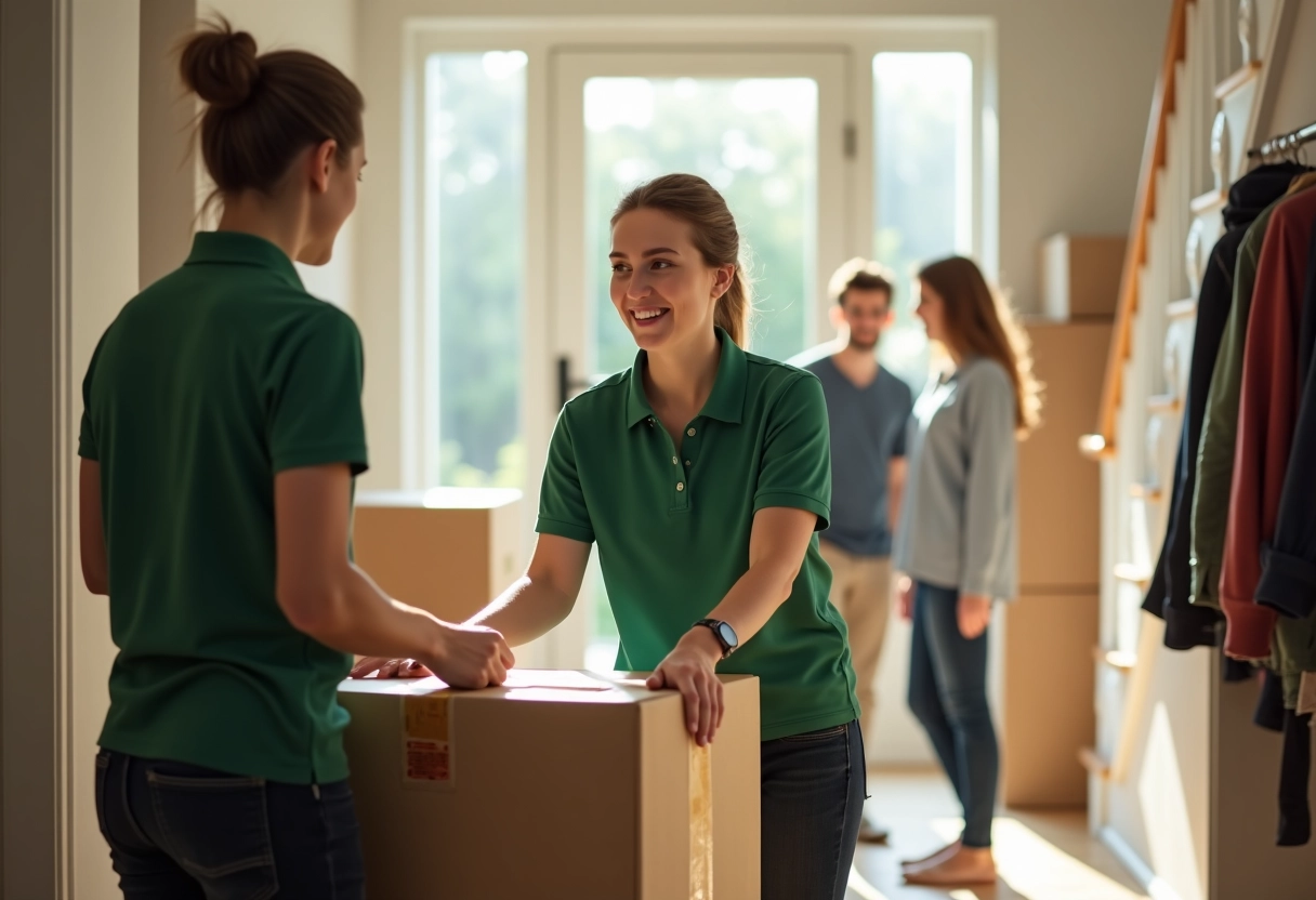 Jeune femme déménageuse scotchant une boîte dans un couloir