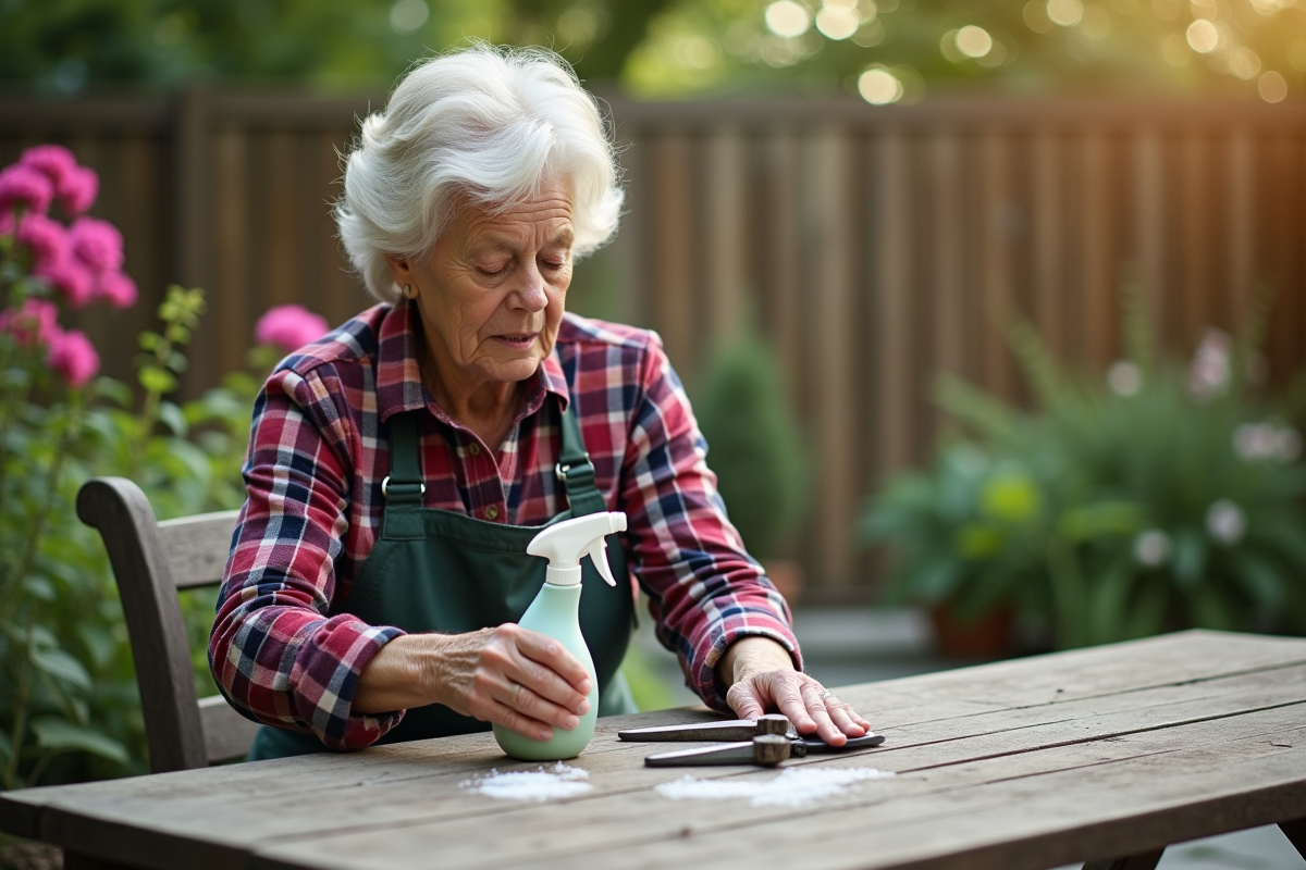 Femme âgée désinfecte des cisailles de jardinage sur une table