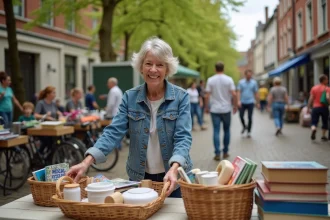 Femme souriante déposant des livres et vaisselle lors d'un marché en plein air