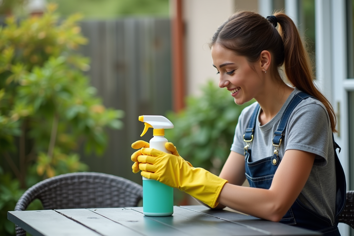 Jeune femme vérifiant solutions écologiques pour nettoyage
