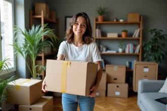Jeune femme emballant une boxe dans un appartement cosy