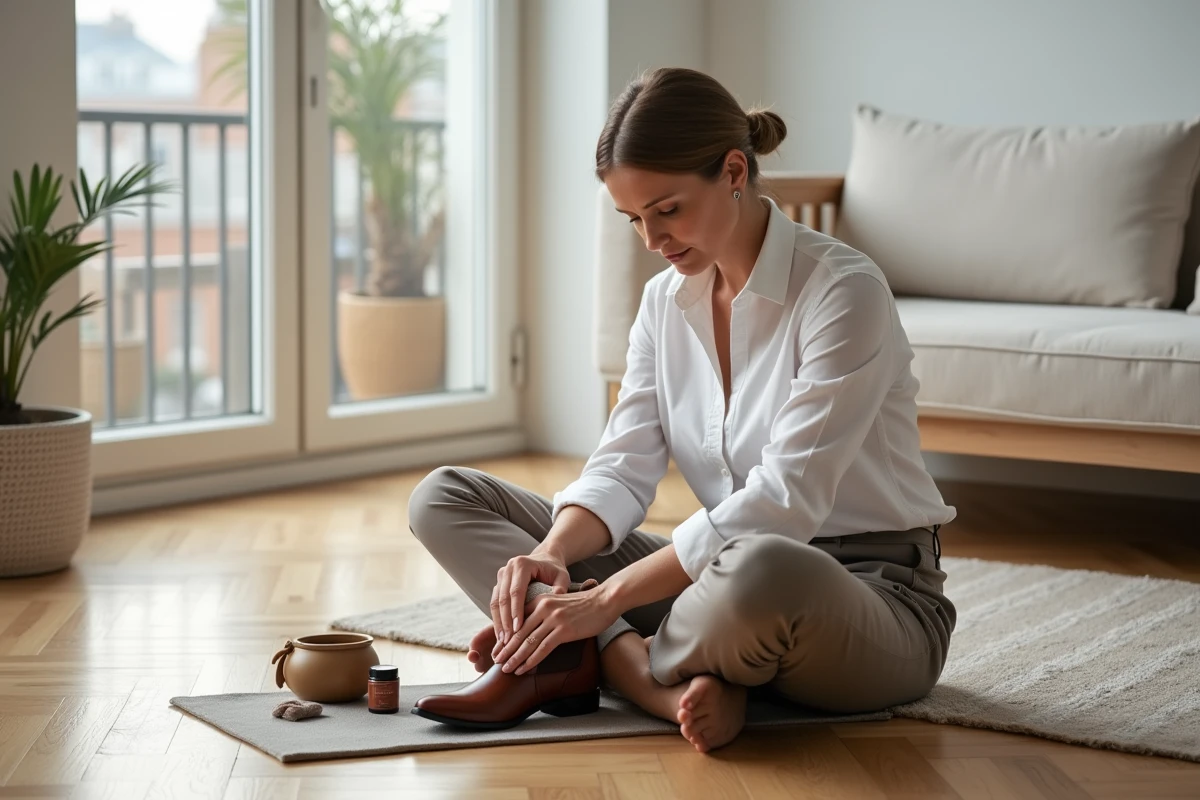 Femme entretenant une bottine en cuir cognac avec un chiffon sur un parquet en arête de poisson dans un appartement au style scandinave