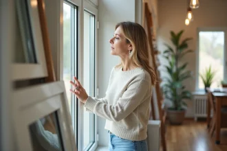 Femme regardant une fenetre moderne dans un showroom intérieur