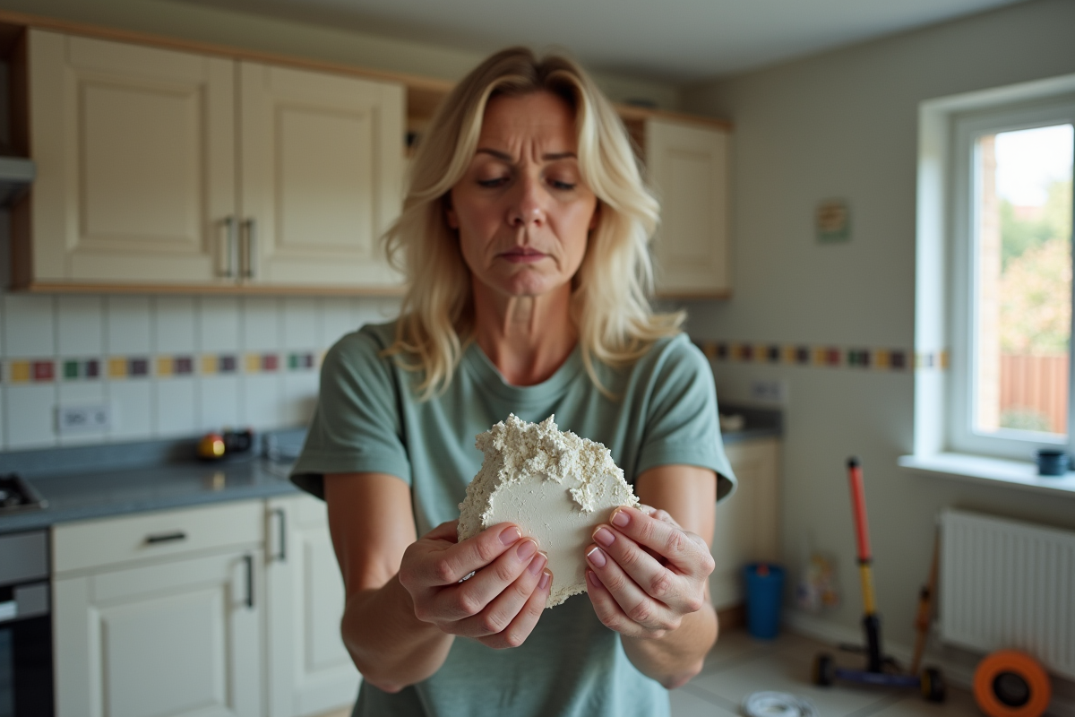Femme regardant un morceau de platre dans sa cuisine