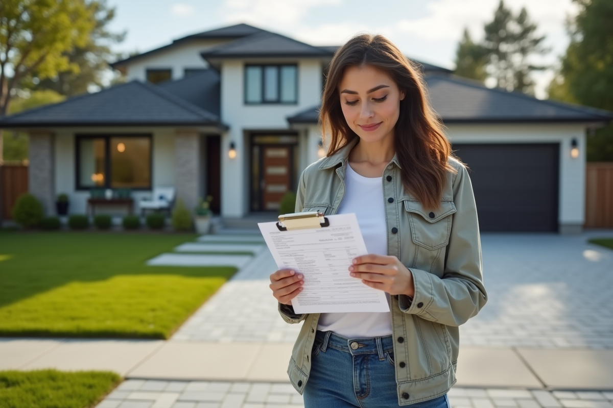 Femme vérifiant une estimation devant sa maison