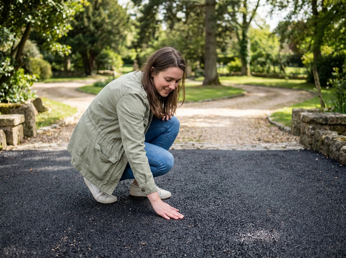 Jeune femme inspectant une voie en asphalt dans un jardin