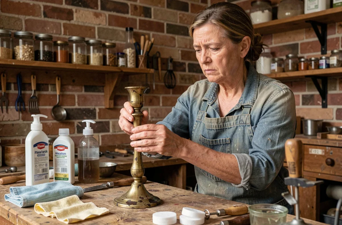 Femme inspectant un bougeoir en laiton terni sur un établi d'atelier artisanal, entouré de produits de polissage