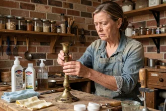 Femme inspectant un bougeoir en laiton terni sur un établi d'atelier artisanal, entouré de produits de polissage