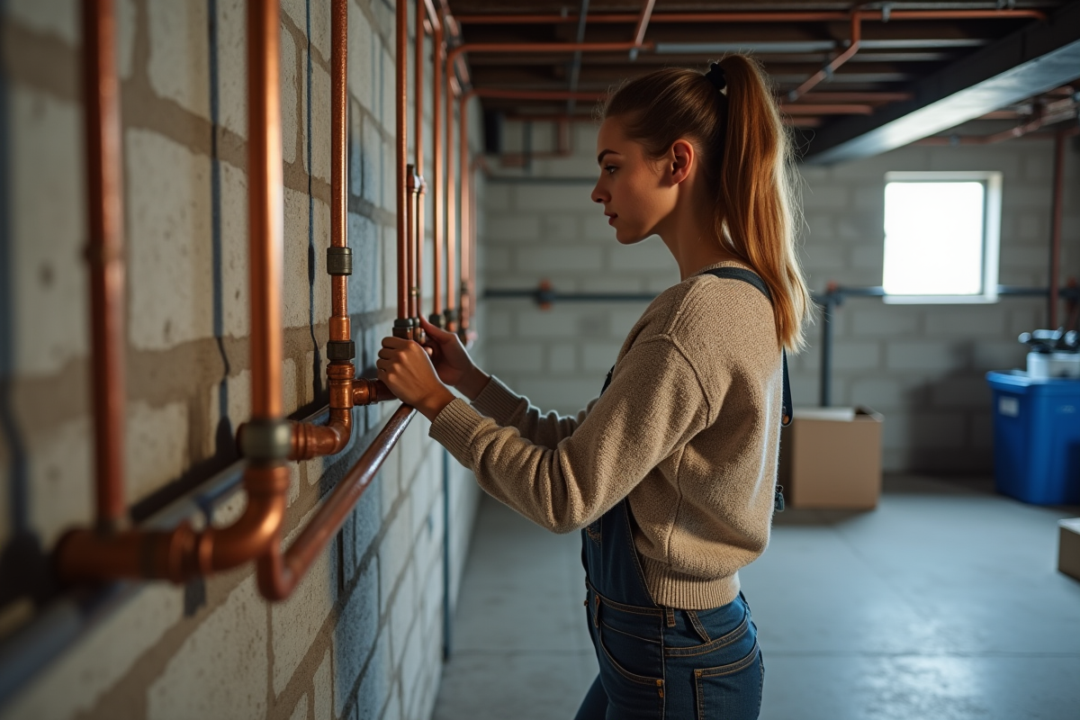 Jeune femme examine tuyaux en cuivre dans un sous-sol
