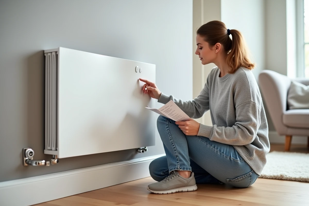 Femme inspectant le câblage d'un radiateur électrique fixé au mur dans un intérieur moderne