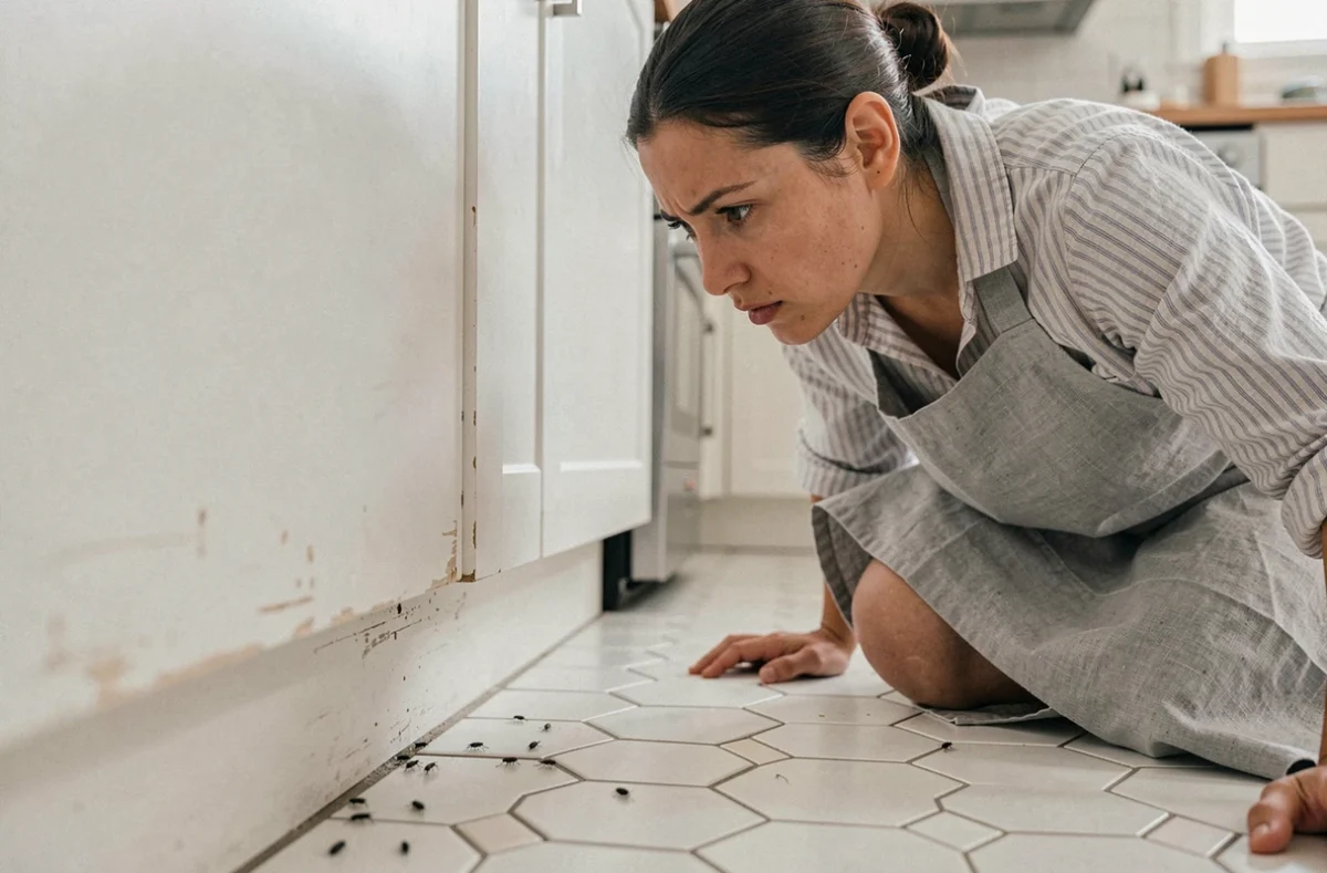 Femme inspectant le bas d'un meuble de cuisine pour détecter la présence de petites bestioles noires envahissant son logement
