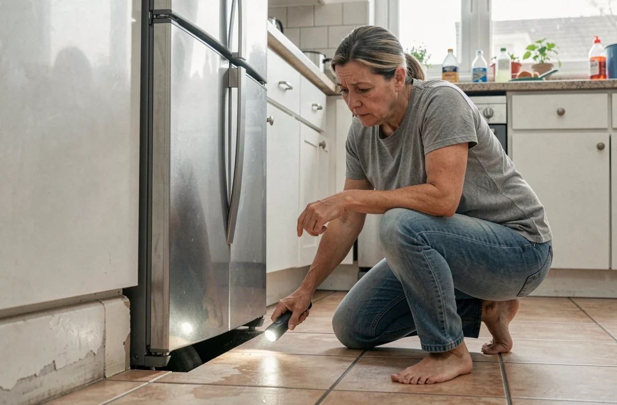 Femme inspecte l'espace sous un réfrigérateur avec une lampe torche pour détecter une infestation de nuisibles