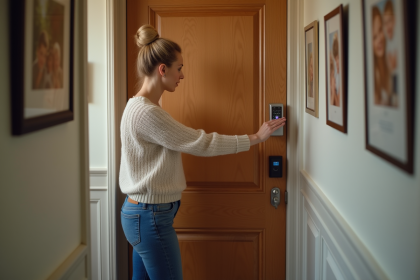 Femme installant un clavier de securite a la maison