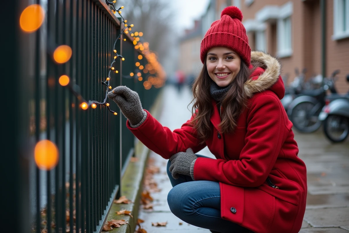 Jeune femme posant des lumières de Noël sur une clôture urbaine
