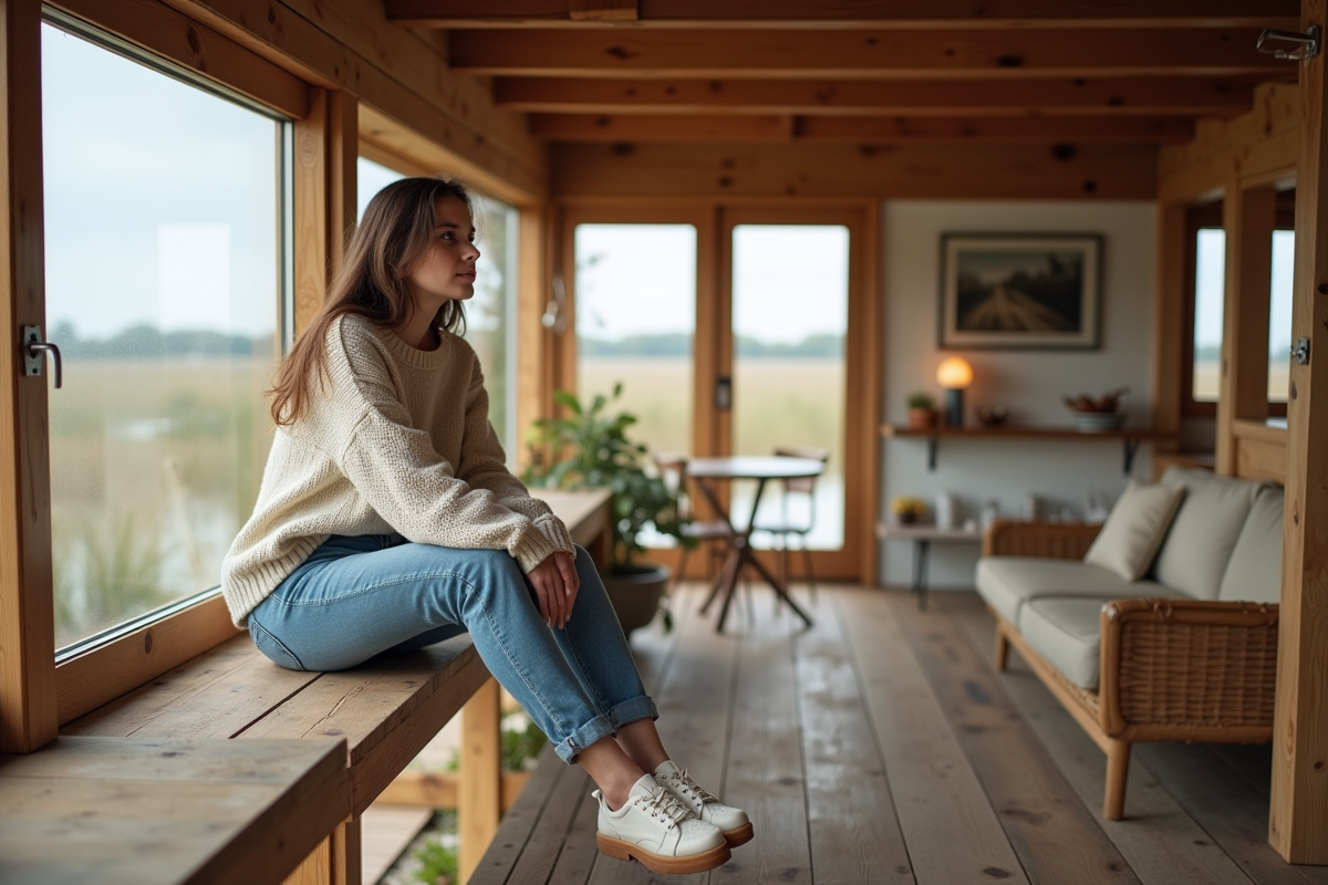 Jeune femme assise près de la fenêtre dans une maison sur pilotis