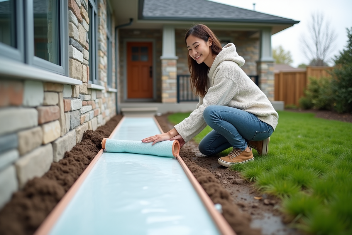 Jeune femme pose panneau isolant sur la fondation de sa maison