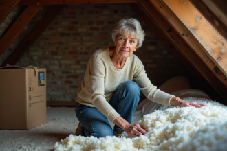 Femme examinant l'isolation dans un vieux grenier