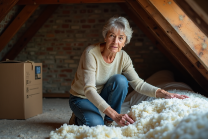Femme examinant l'isolation dans un vieux grenier