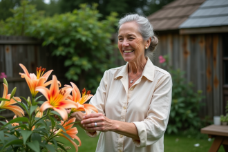 Femme souriante en robe légère s'occupe de lys en jardin