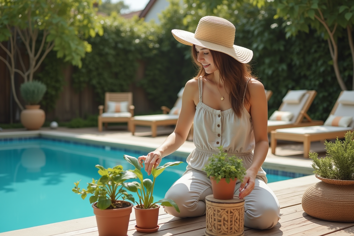 Jeune femme en jumpsuit arrangeant plantes et lanternes près de la piscine