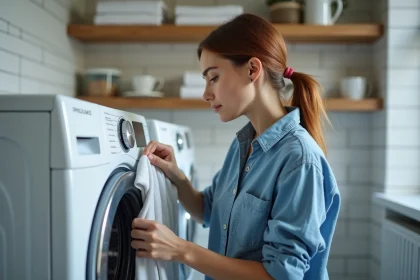 Jeune femme examine un panneau de lave-linge avec concentration