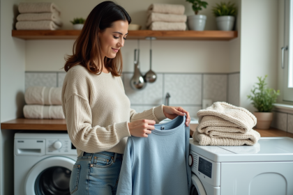 Femme inspectant un pull en linge dans la buanderie moderne