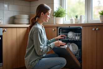Femme regardant le lave-vaisselle dans une cuisine chaleureuse