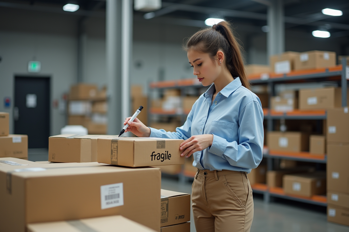 Jeune femme marquant un colis fragile dans un entrepôt