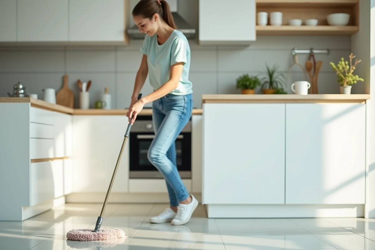 Femme en jeans et t-shirt bleu nettoyant le sol de la cuisine