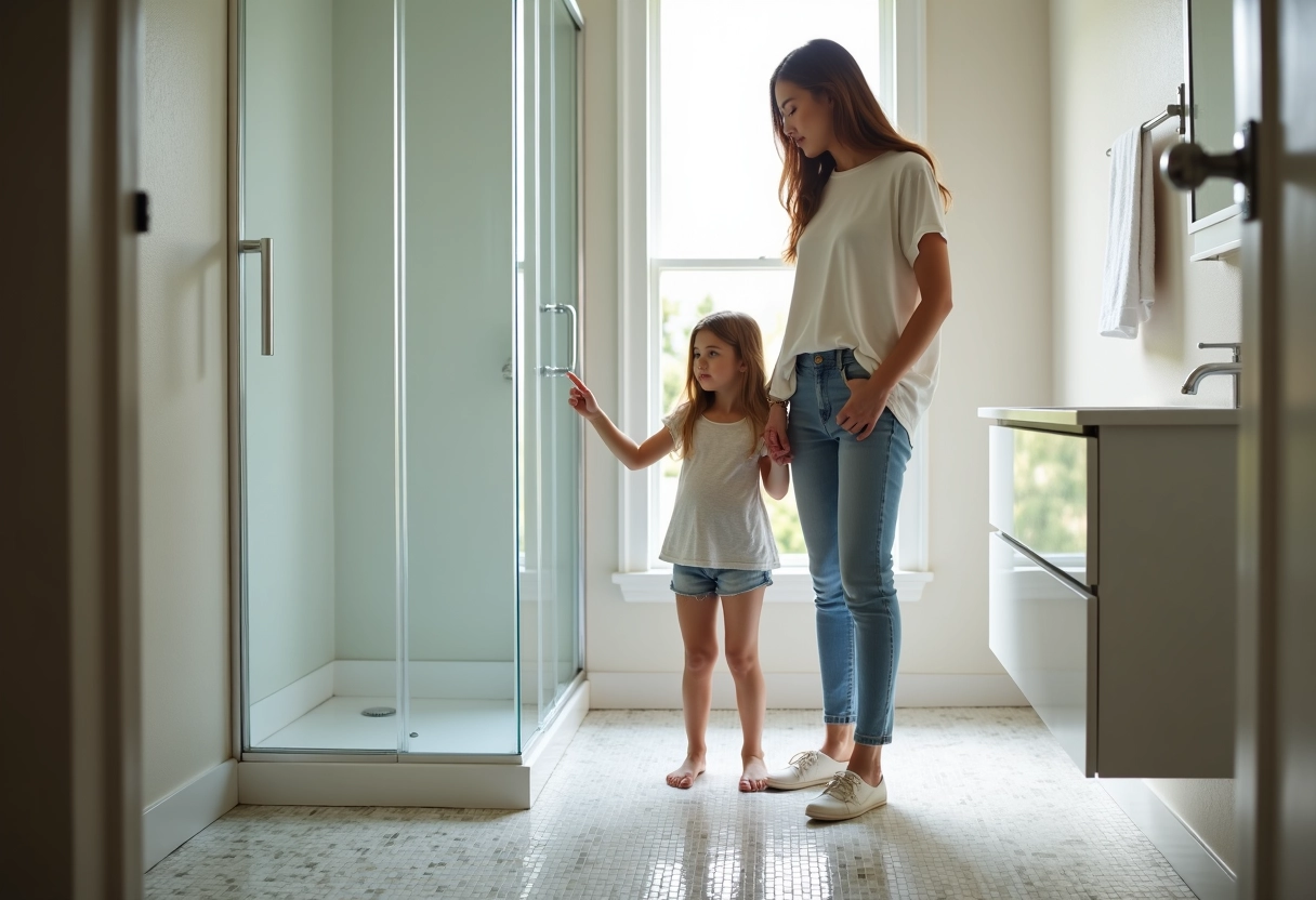 Femme pointant un sol mosaïque dans une salle de bain