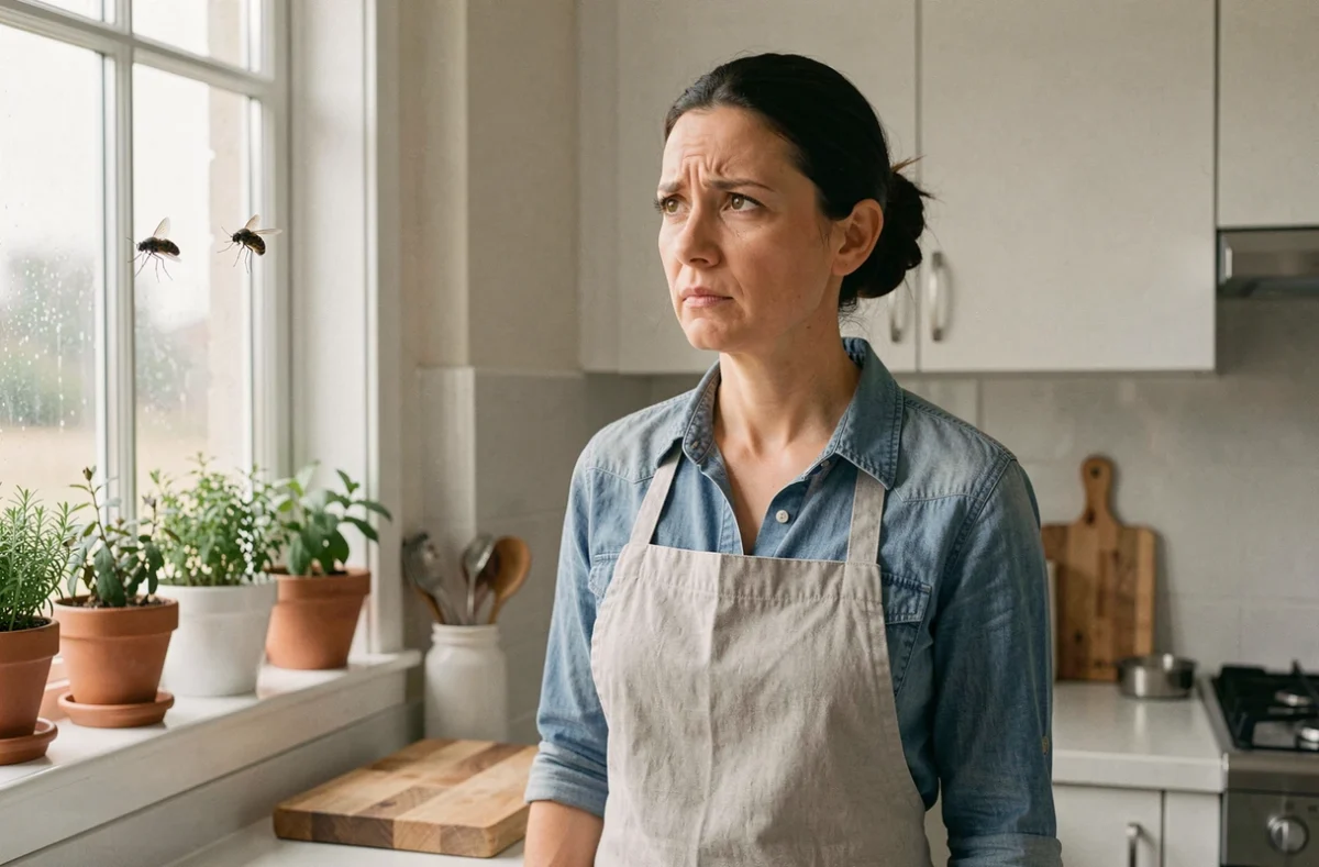 Femme préoccupée observant des mouches sur la vitre de sa cuisine dans une maison moderne
