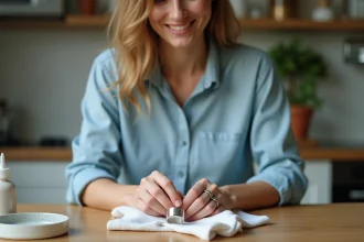 Femme polissant un anneau en argent avec soin