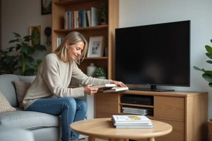 Femme arrangeant des livres dans un salon moderne avec meuble TV