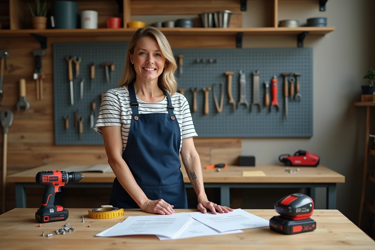 Femme organisant ses outils de bricolage sur un établi en bois dans un atelier maison