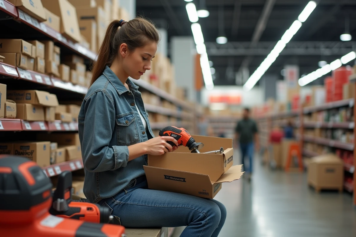 Jeune femme inspectant outils &eacute;lectriques dans un magasin de bricolage
