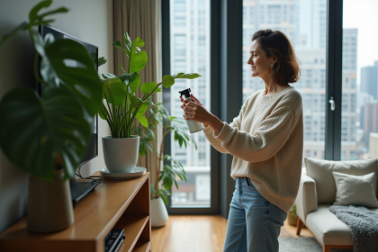 Femme en pull et jeans arrosant une plante monstera dans un salon moderne