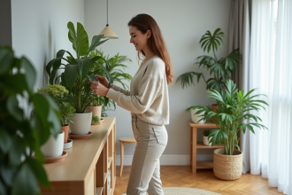 Jeune femme arrangeant plantes dans un salon lumineux