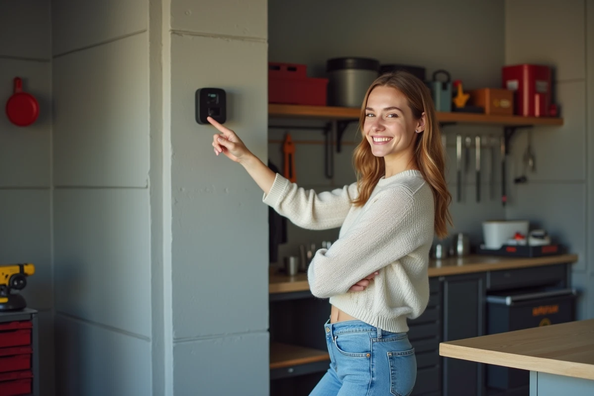 Jeune femme montrant un tableau GTL dans un garage organis&eacute;