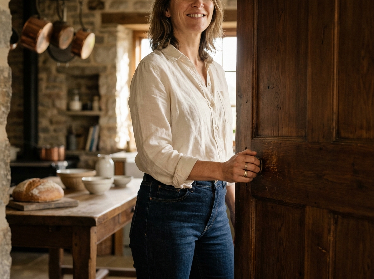 Femme poussant une porte battante en noyer massif dans une cuisine rustique aux murs en pierre avec casseroles en cuivre