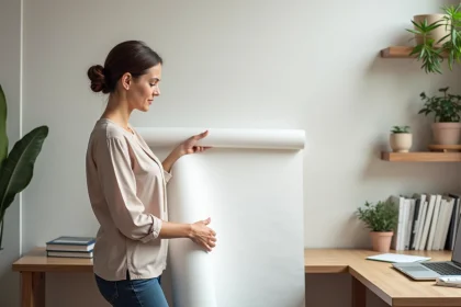 Femme déployant un échantillon de papier peint blanc dans un bureau moderne