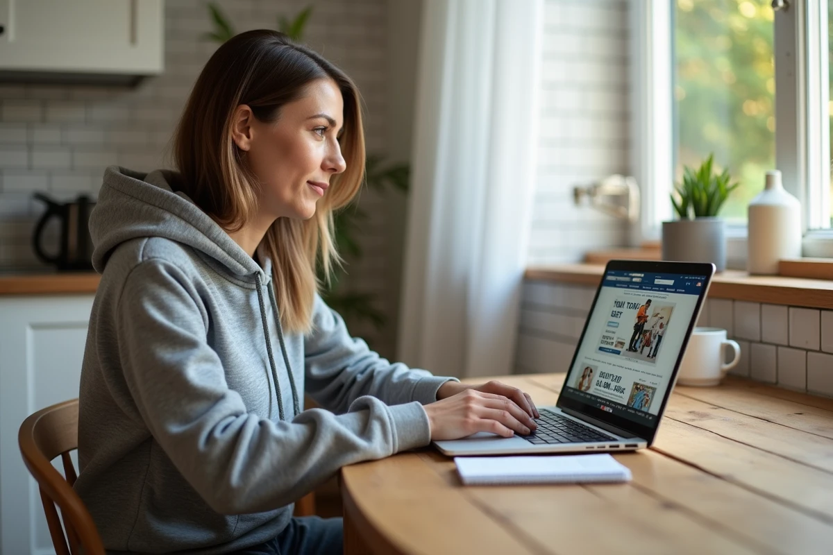 Femme consultant les promotions de location d'outils TravauxSuccess.fr sur son ordinateur portable dans une cuisine moderne
