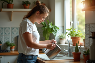 Femme d'âge moyen remplissant un bidon dans la cuisine lumineuse
