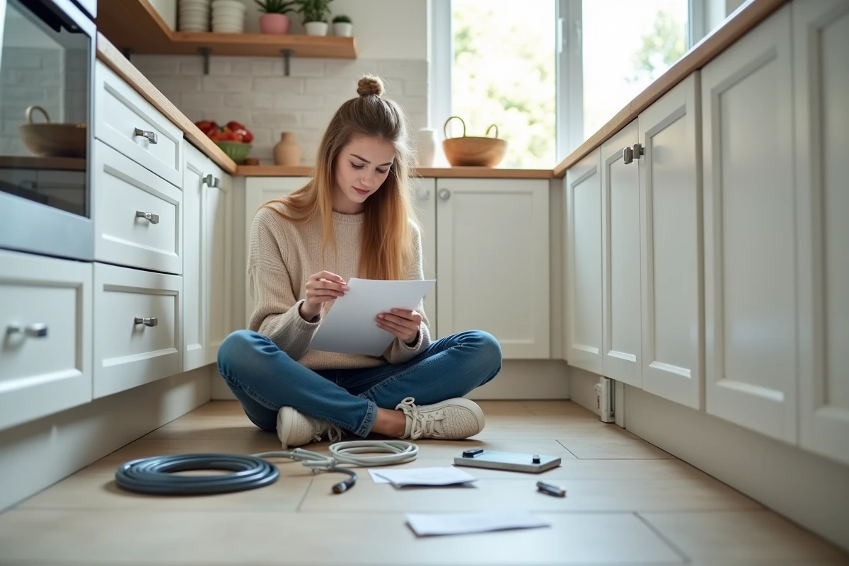 Jeune femme v&eacute;rifiant un pack de protections &eacute;lectriques dans la cuisine