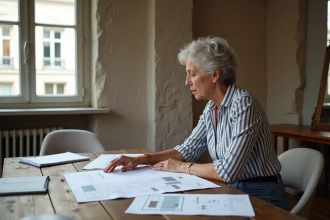 Femme moyenne age examine plans renovation dans appartement toulousain