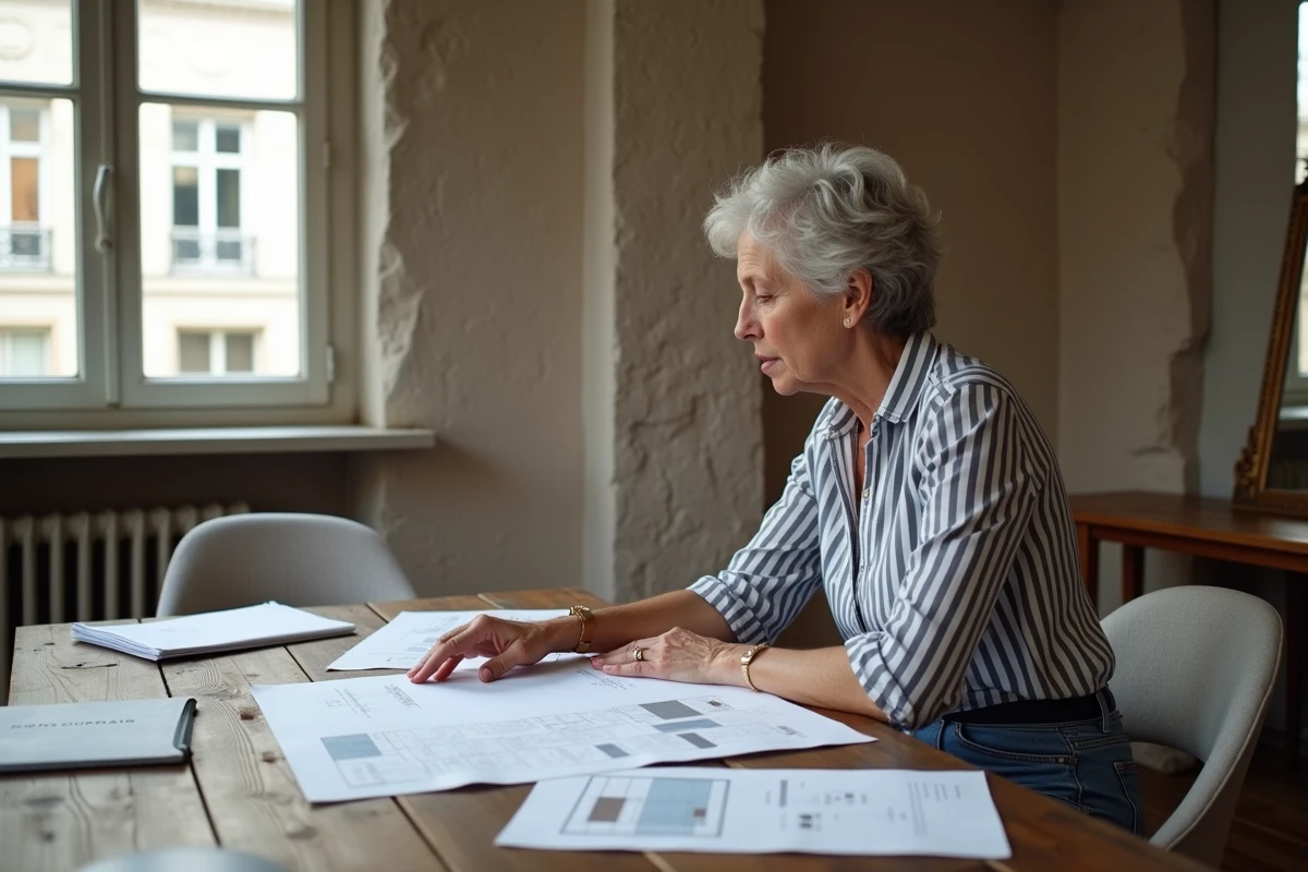 Femme moyenne age examine plans renovation dans appartement toulousain