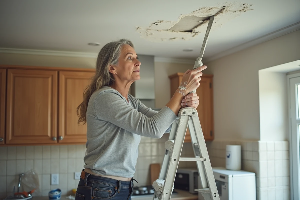 Femme grattant le plâtre abîmé d'un plafond fissuré par un dégât des eaux dans une cuisine domestique