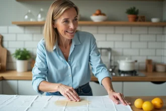 Femme en cuisine nettoyant une tache de fruit sur une nappe blanche