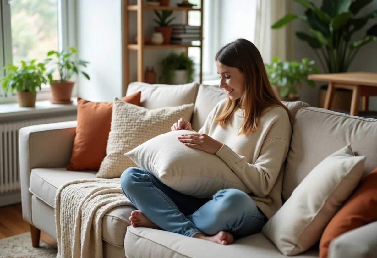 Femme en pull cashmere et jeans relax sur canapé