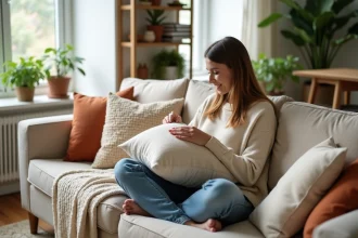 Femme en pull cashmere et jeans relax sur canapé