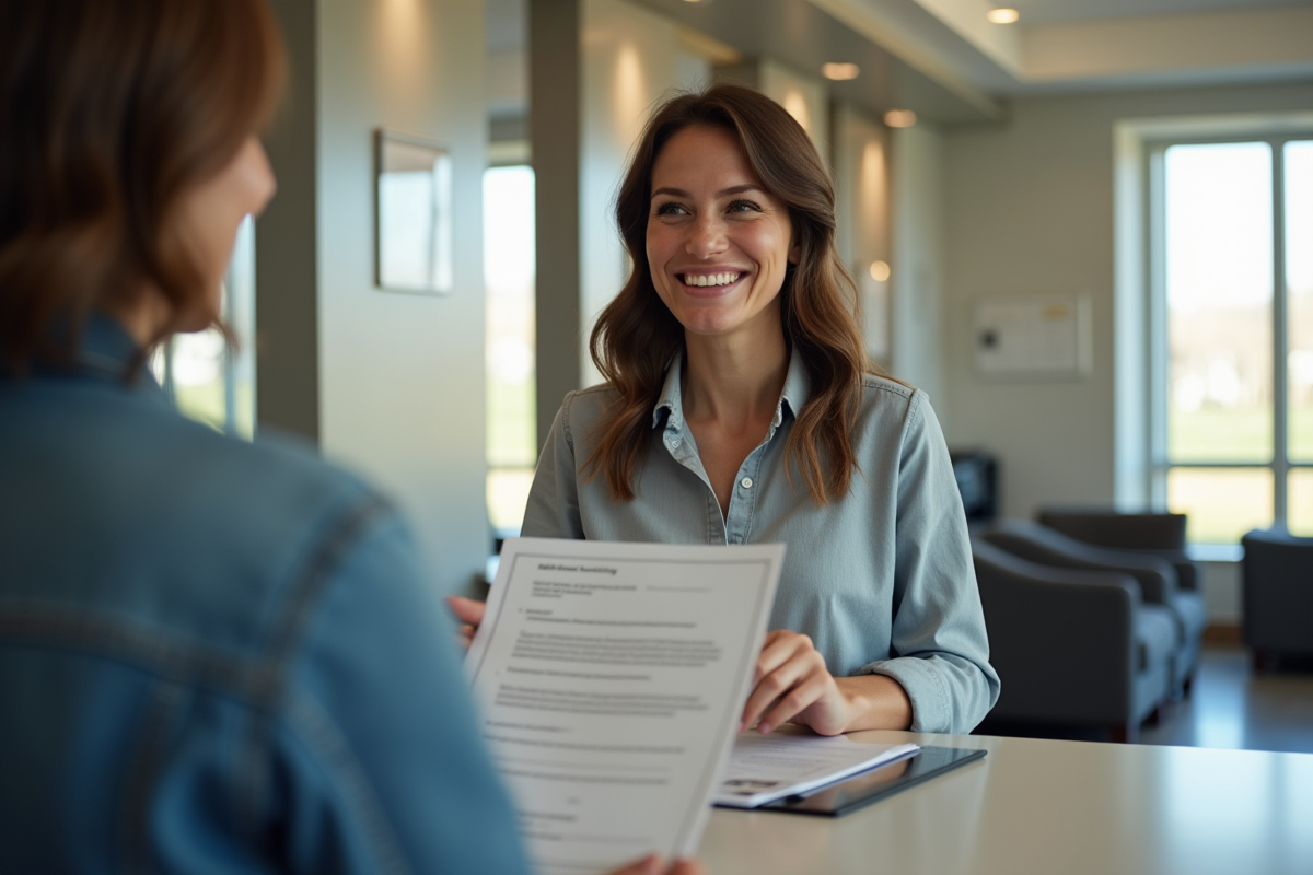 Femme souriante déposant des documents à la mairie